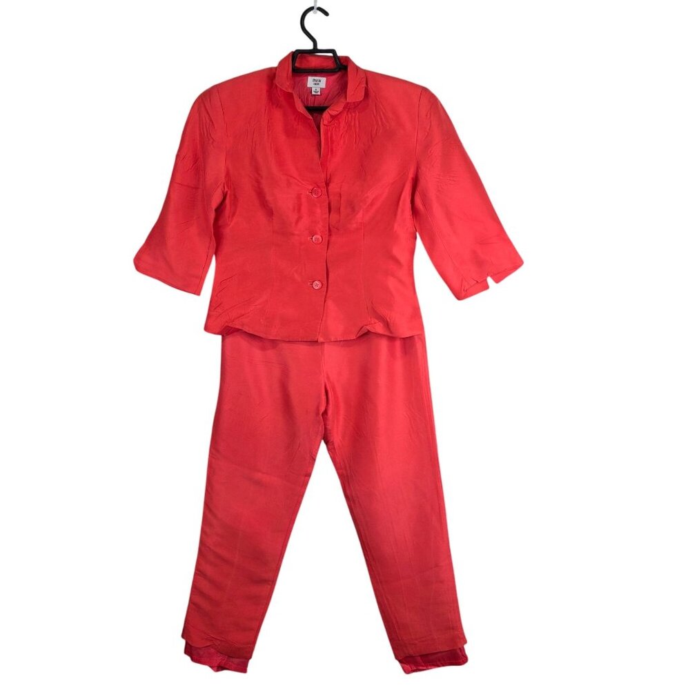 Womens Think Tank 2 Piece Suit Set 100% Silk Button-Up Top & Pants Size 4